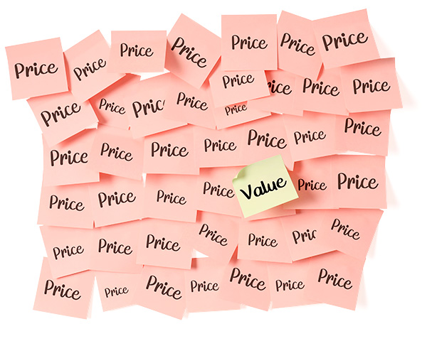 Dozens of pink sticky note that say "price" with one yellow note that says "value"