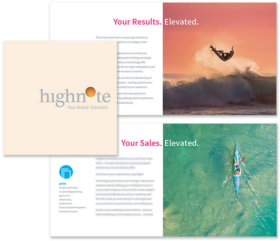 Closed cover and two open spreads from the HighNote Capabilities booklet